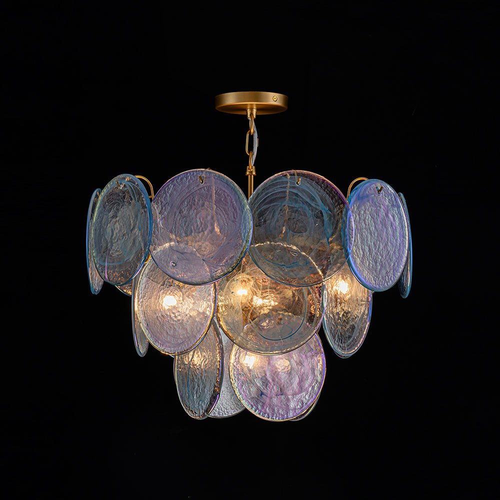 Glam Blue Iridescent Swirl Glass Round Tiered Chandelier