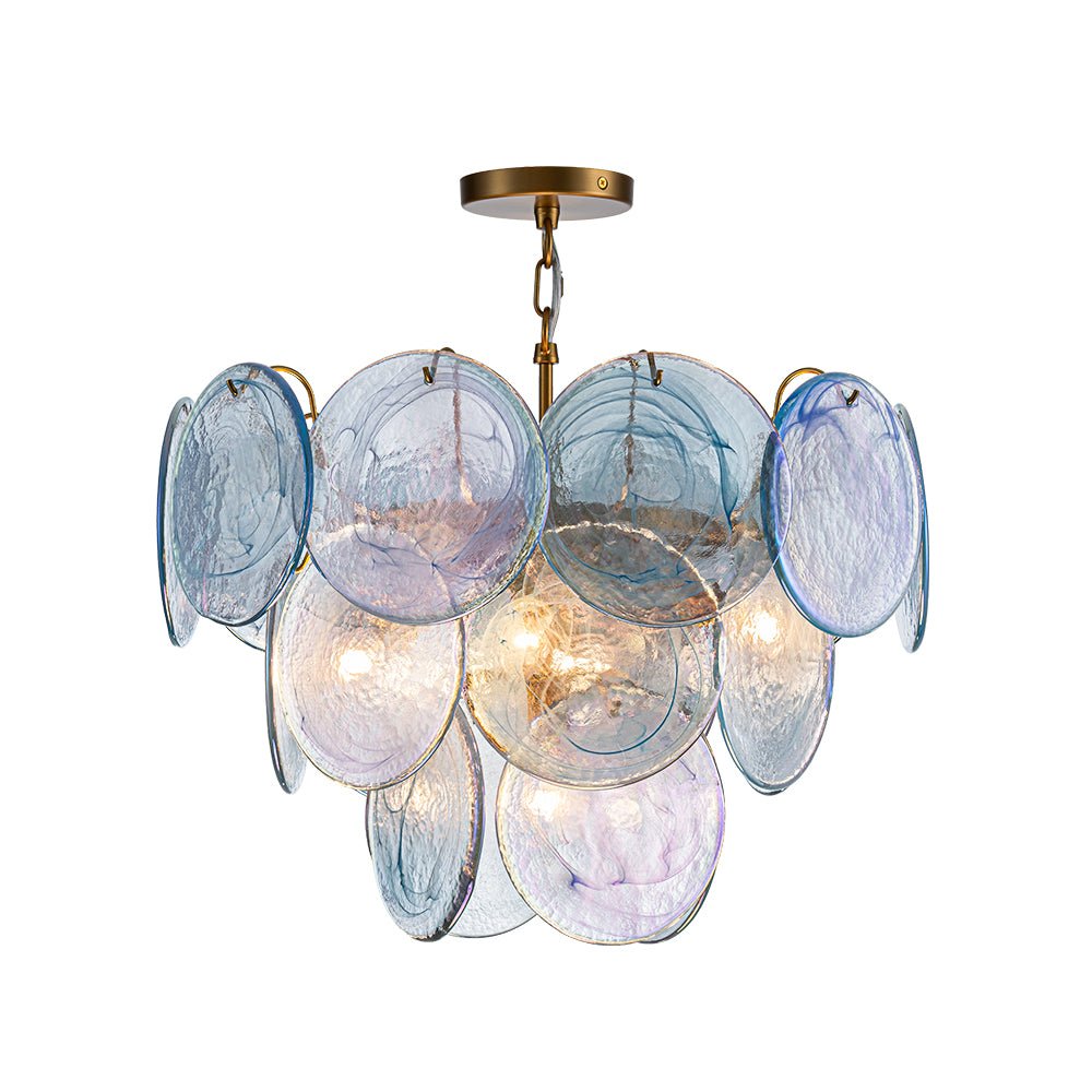 Glam Blue Iridescent Swirl Glass Round Tiered Chandelier