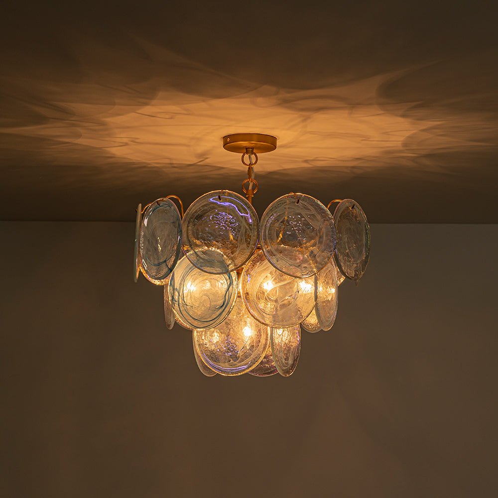 Glam Blue Iridescent Swirl Glass Round Tiered Chandelier