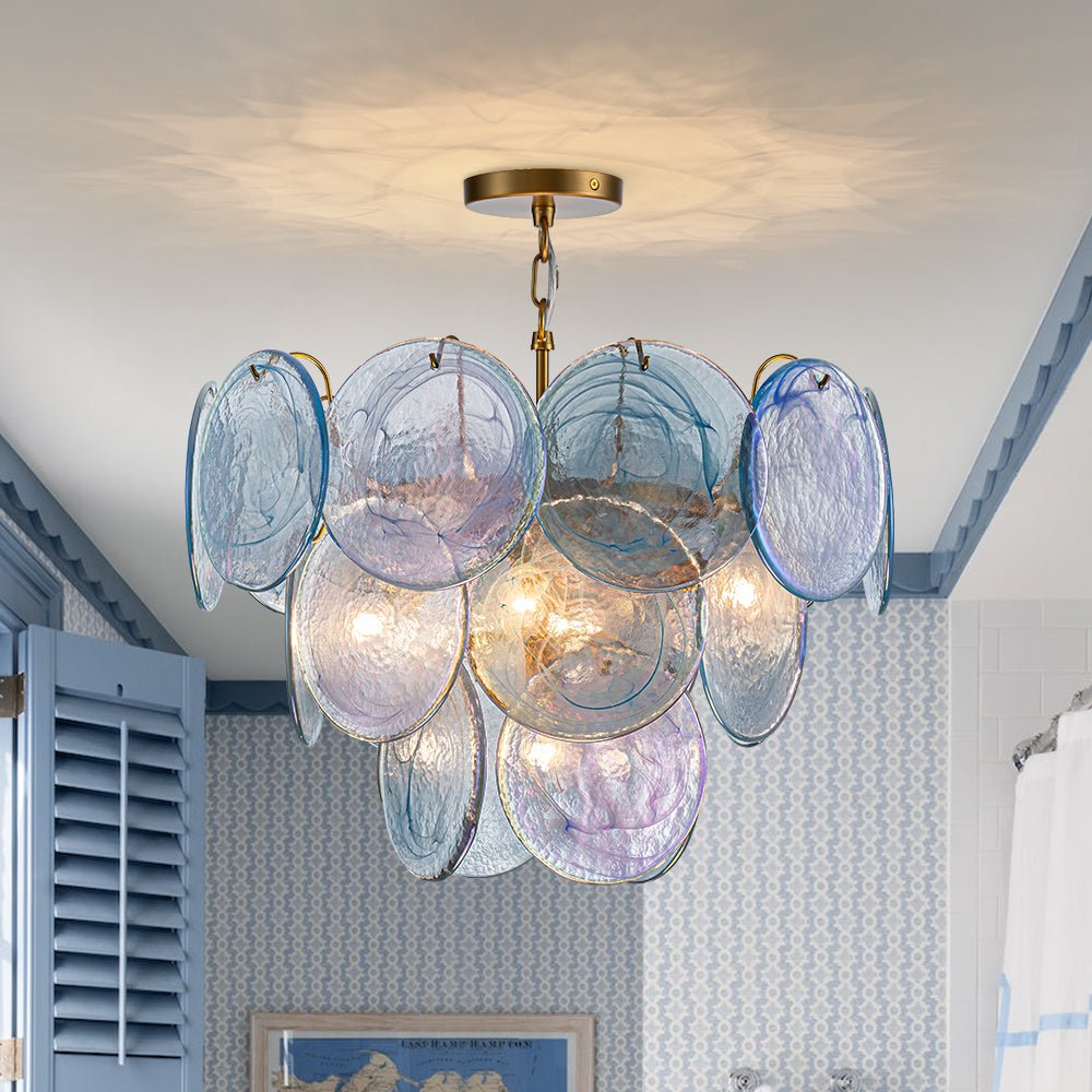 Glam Blue Iridescent Swirl Glass Round Tiered Chandelier