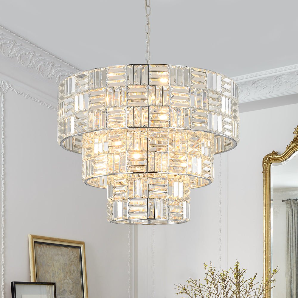 Glam Chrome Spark Cut Crystal Tiered Round Chandelier