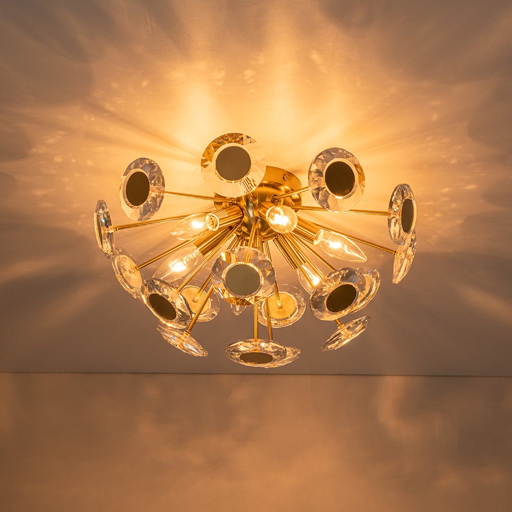 Glam Crystal Accent Brass Sunburst Semi Flush Light