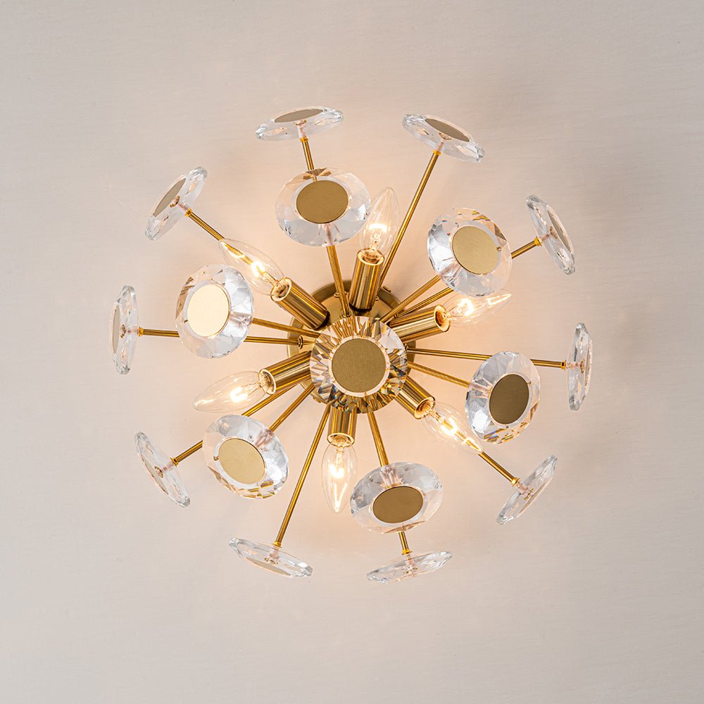 Glam Crystal Accent Brass Sunburst Semi Flush Light