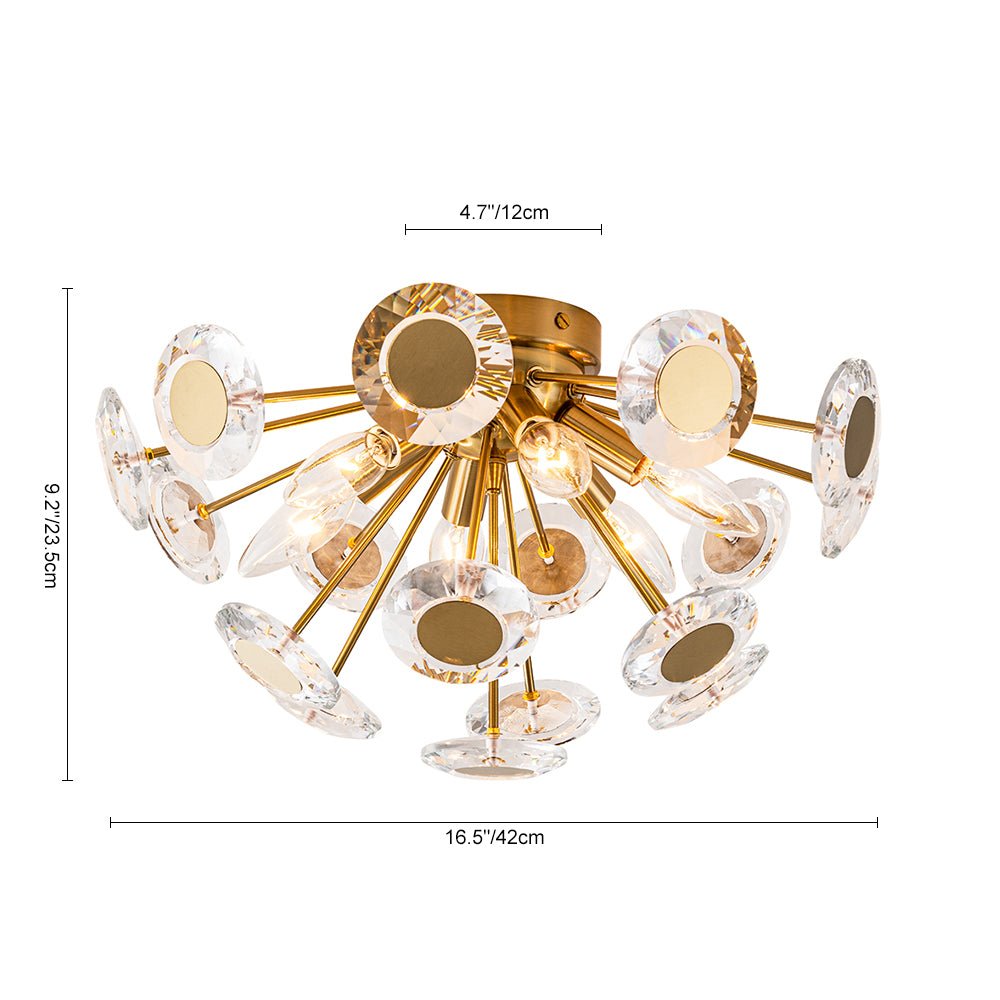 Glam Crystal Accent Brass Sunburst Semi Flush Light