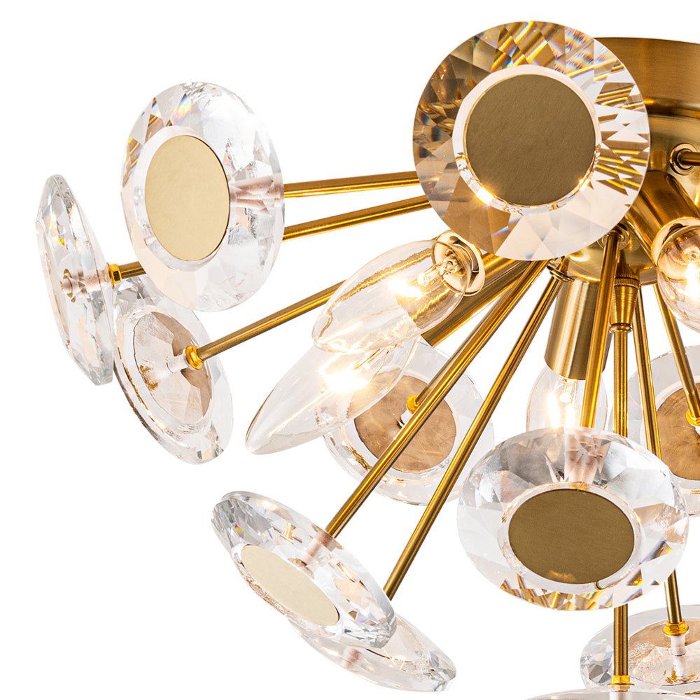 Glam Crystal Accent Brass Sunburst Semi Flush Light