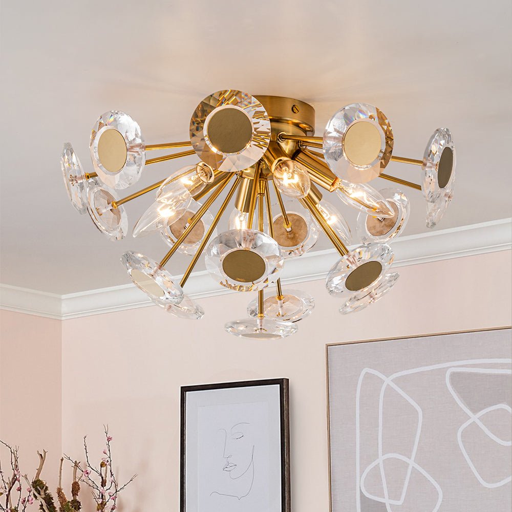 Glam Crystal Accent Brass Sunburst Semi Flush Light