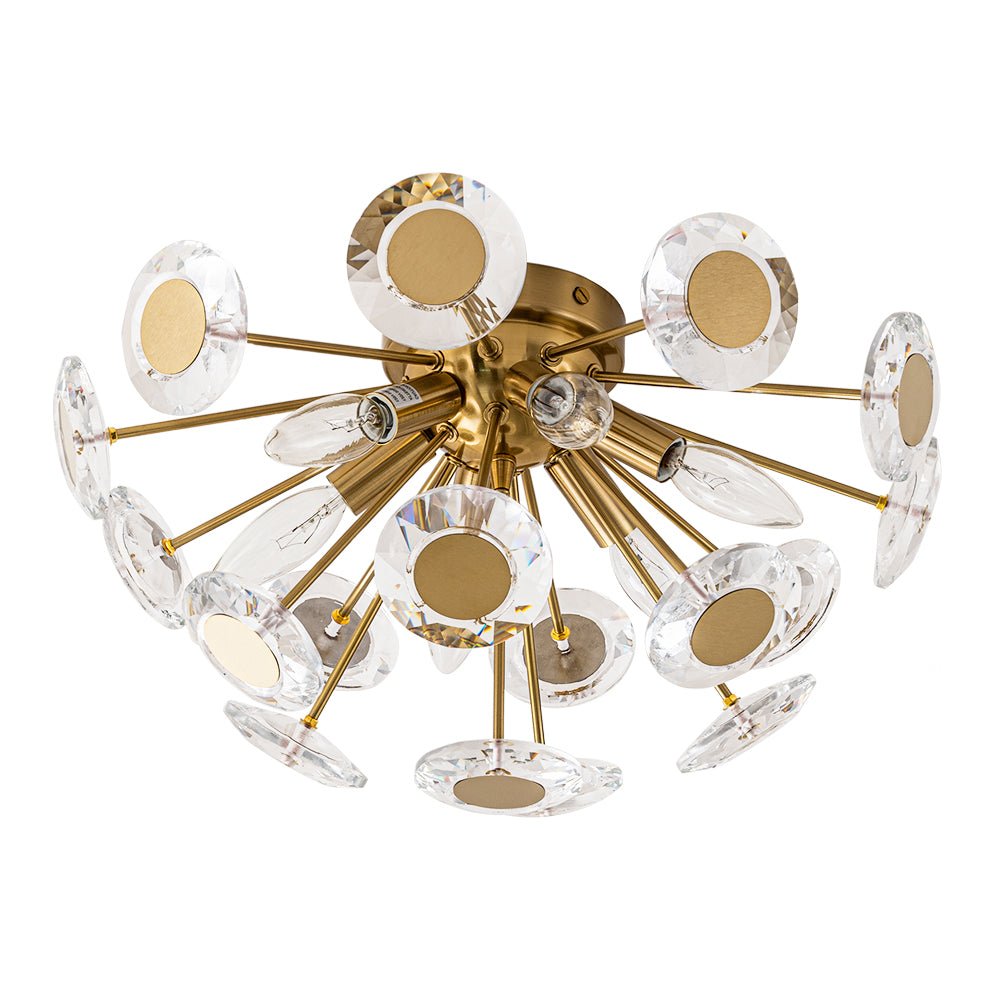 Glam Crystal Accent Brass Sunburst Semi Flush Light