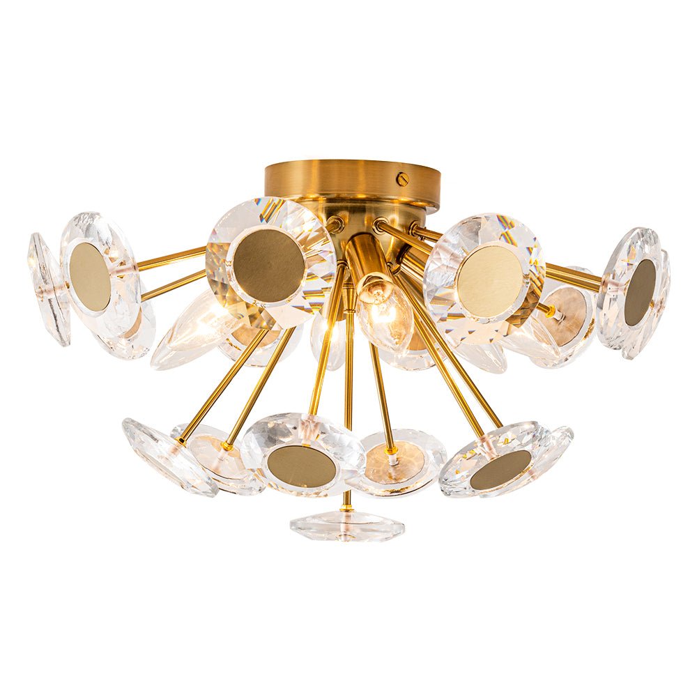 Glam Crystal Accent Brass Sunburst Semi Flush Light