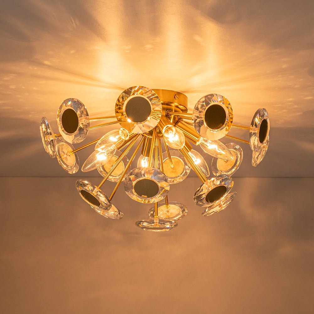 Glam Crystal Accent Brass Sunburst Semi Flush Light