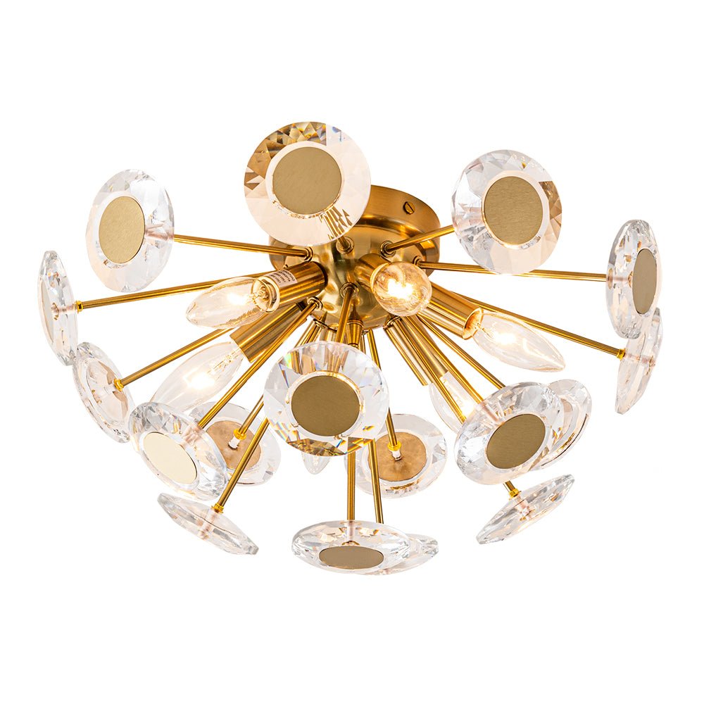 Glam Crystal Accent Brass Sunburst Semi Flush Light