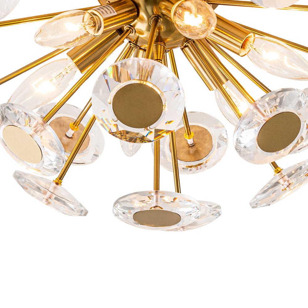Glam Crystal Accent Brass Sunburst Semi Flush Light