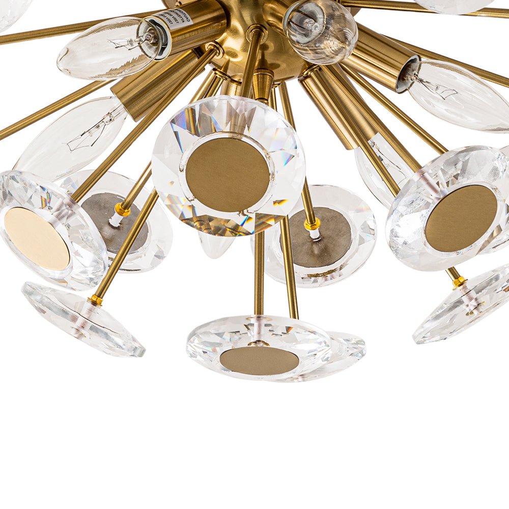 Glam Crystal Accent Brass Sunburst Semi Flush Light