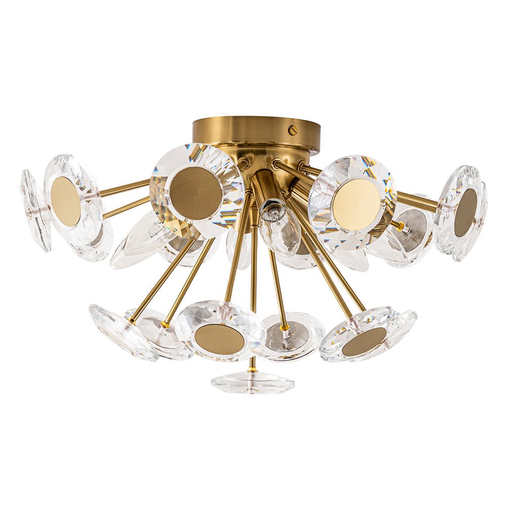 Glam Crystal Accent Brass Sunburst Semi Flush Light