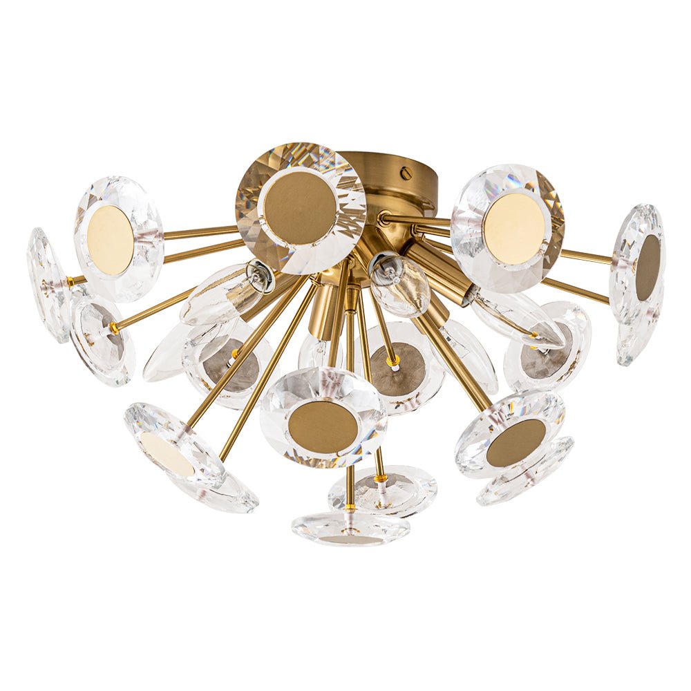 Glam Crystal Accent Brass Sunburst Semi Flush Light
