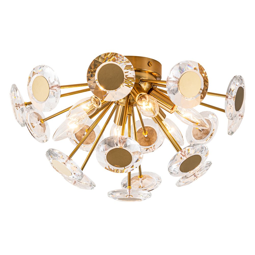 Glam Crystal Accent Brass Sunburst Semi Flush Light