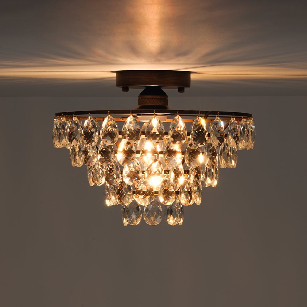 Glam Faceted Crystal Round Tiered Semi Flush Mount Light
