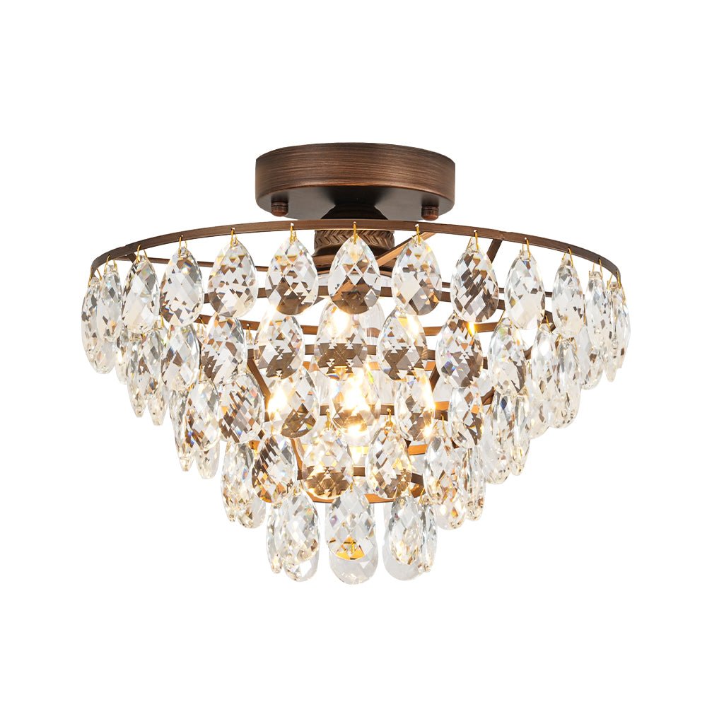 Glam Faceted Crystal Round Tiered Semi Flush Mount Light