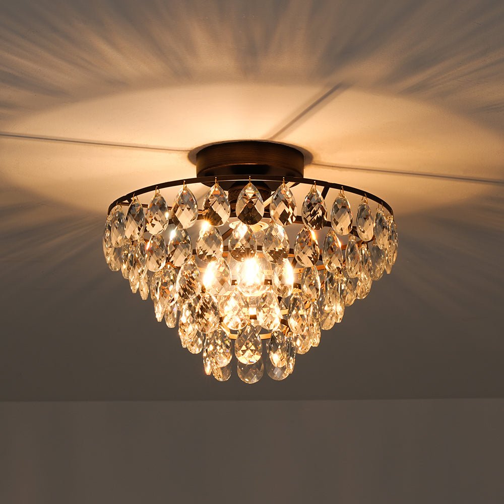Glam Faceted Crystal Round Tiered Semi Flush Mount Light