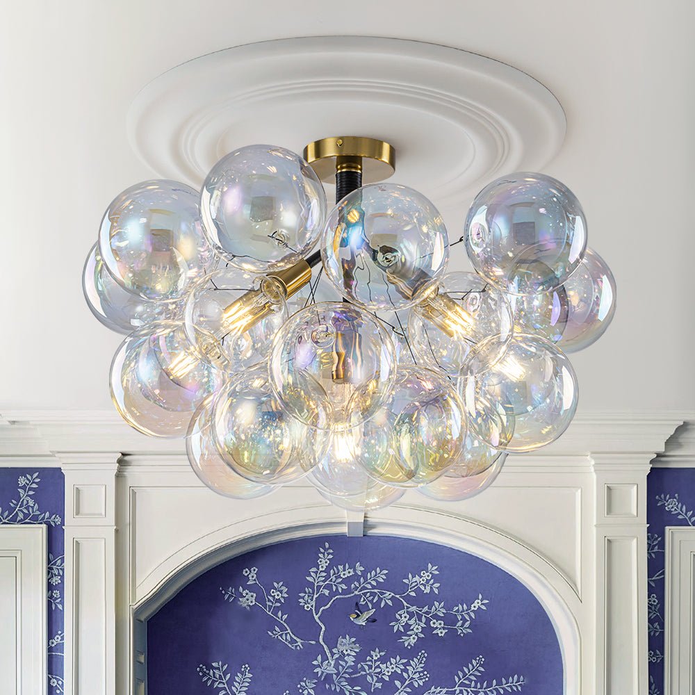 Glam Iridescent Glass Cluster Bubble Semi Flush Chandelier