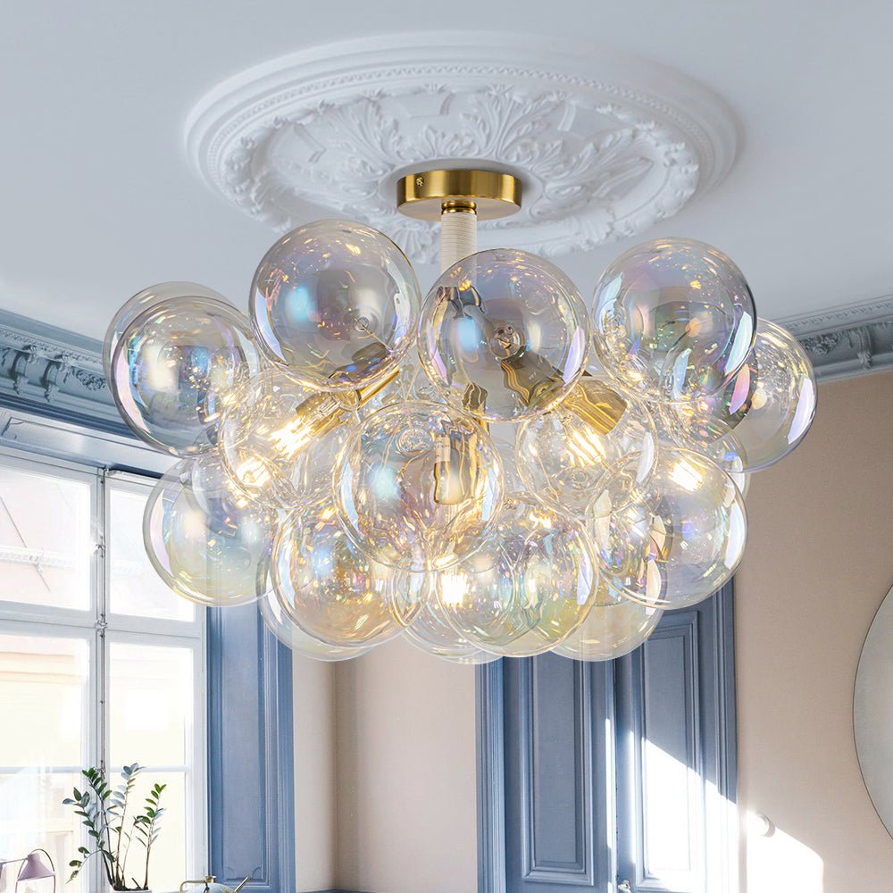 Glam Iridescent Glass Cluster Bubble Semi Flush Chandelier