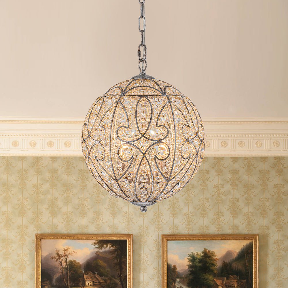Glam Shabby Chic Crystal Globe Chandelier Distressed Silver
