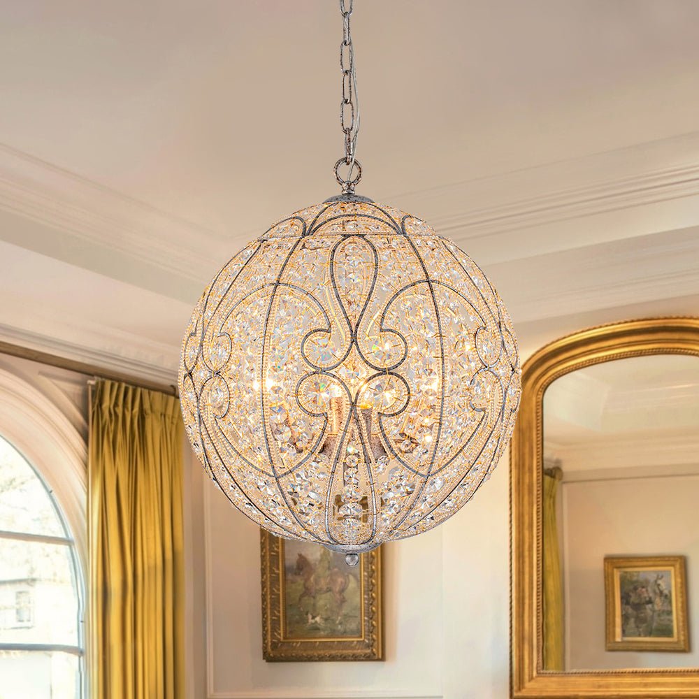 Glam Shabby Chic Crystal Globe Chandelier Distressed Silver