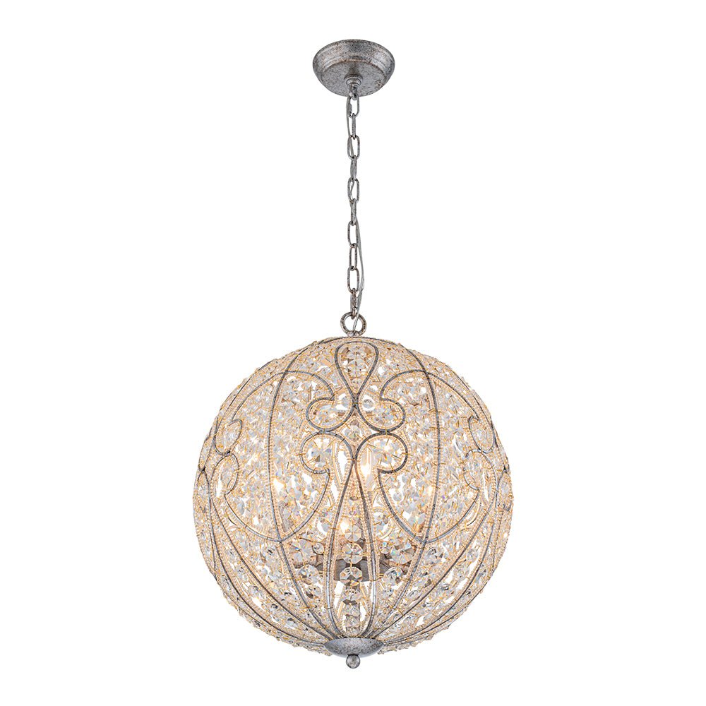 Glam Shabby Chic Crystal Globe Chandelier Distressed Silver