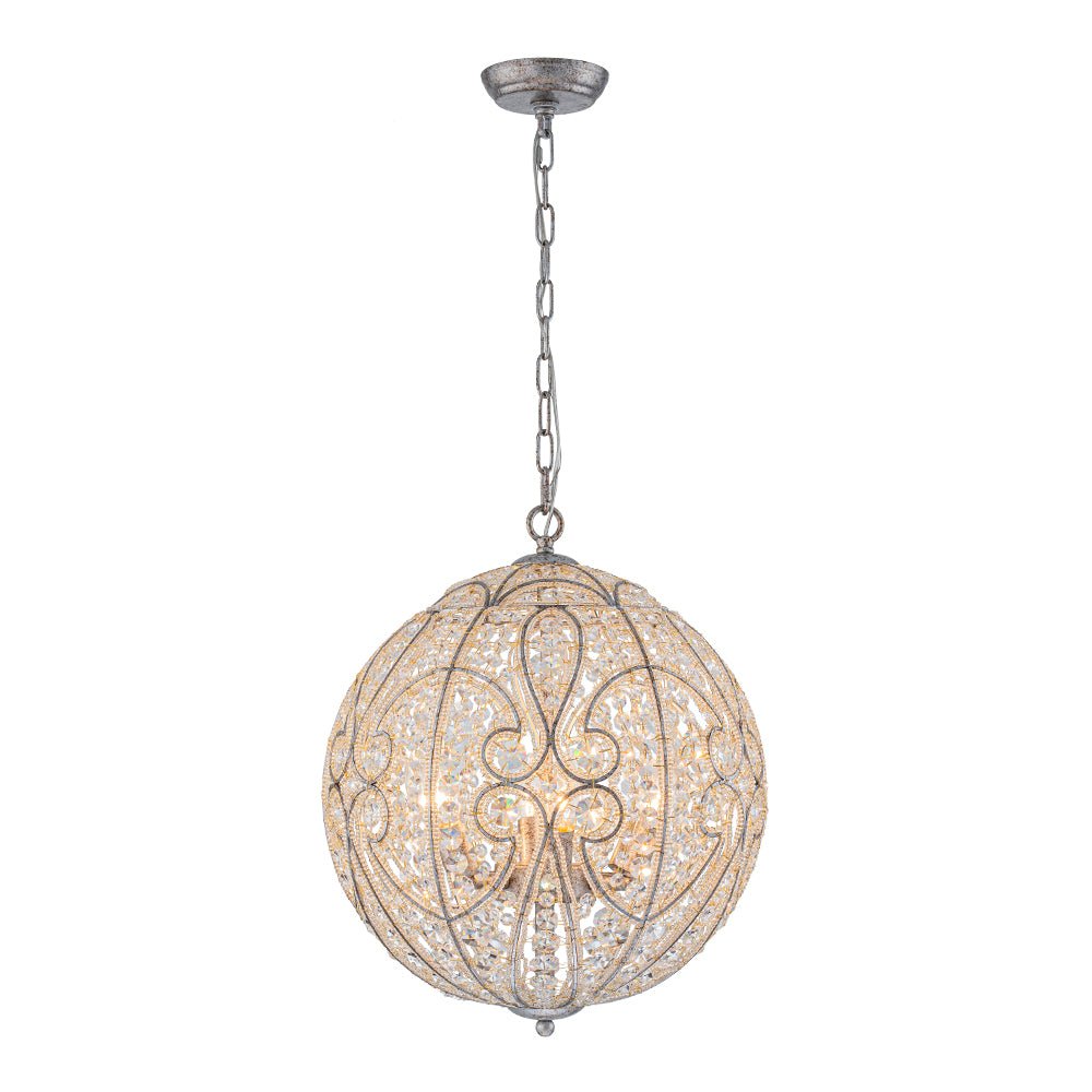 Glam Shabby Chic Crystal Globe Chandelier Distressed Silver