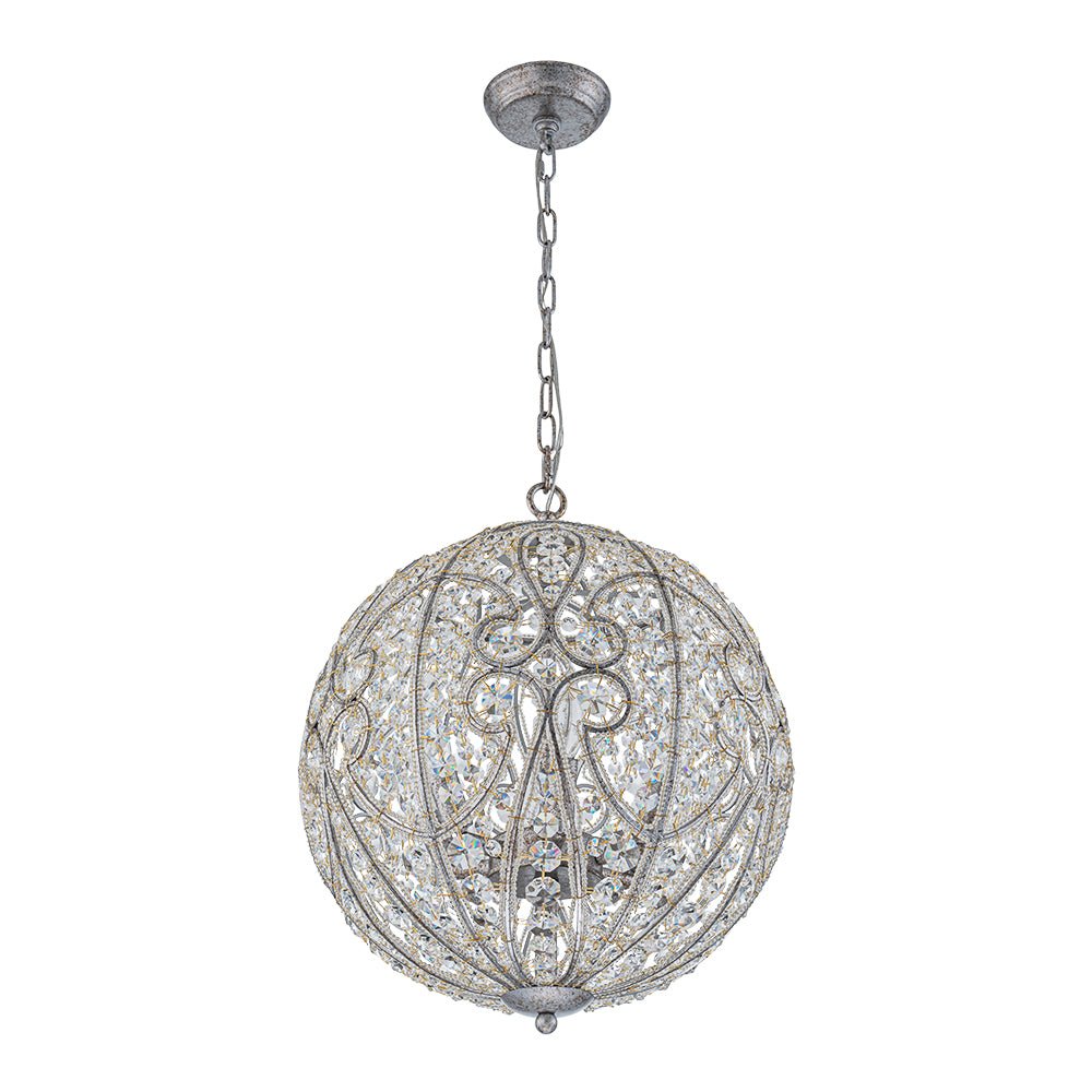 Glam Shabby Chic Crystal Globe Chandelier Distressed Silver