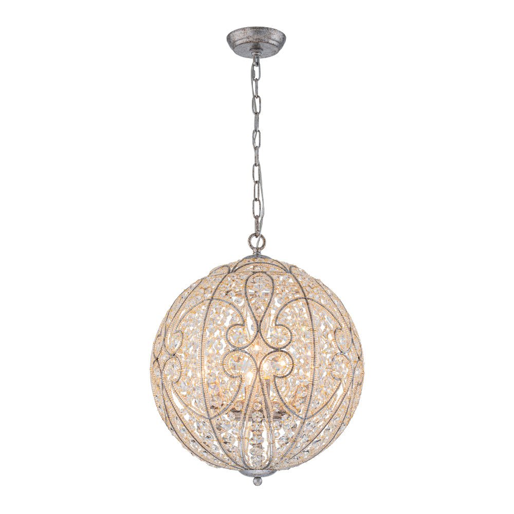 Glam Shabby Chic Crystal Globe Chandelier Distressed Silver