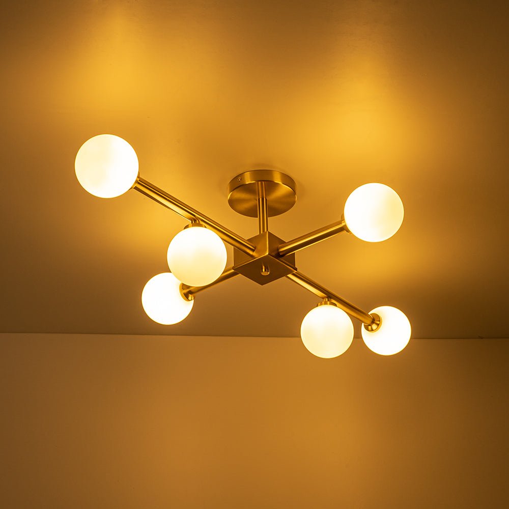 Gold Sputnik Frosted Glass Globe Semi Flush Mount Chandelier