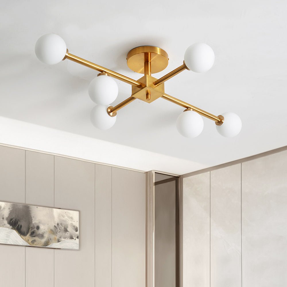 Gold Sputnik Frosted Glass Globe Semi Flush Mount Chandelier