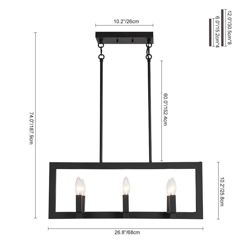 Industrial 6-Light Candle Style Black Rectangular Island Chandelier