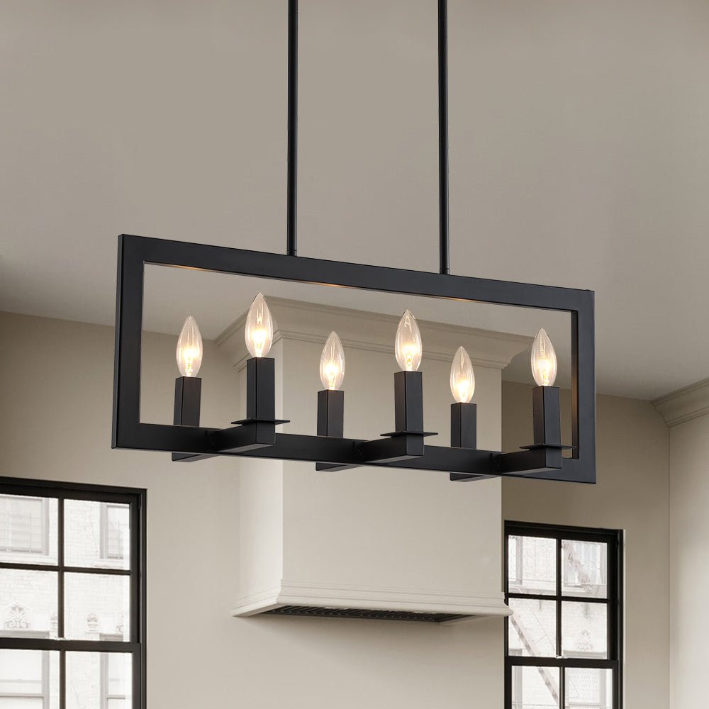 Industrial 6-Light Candle Style Black Rectangular Island Chandelier