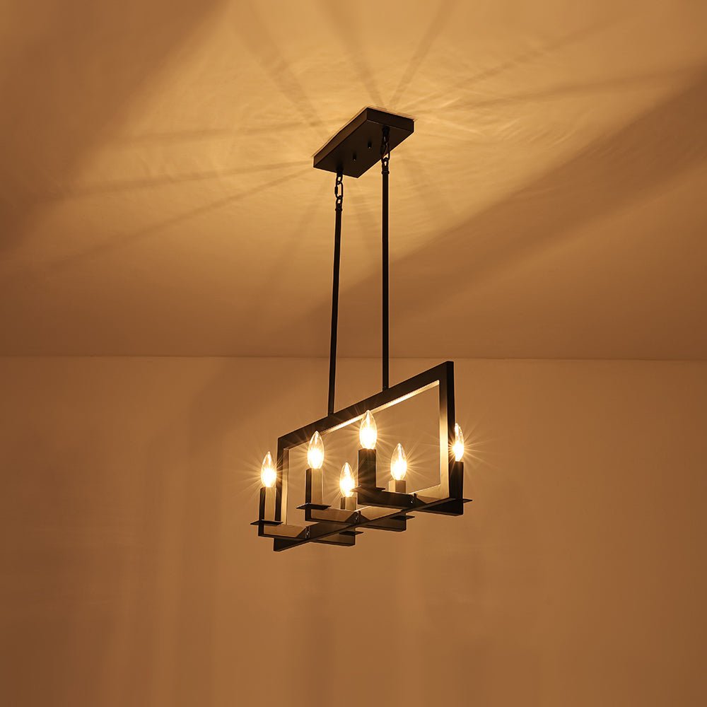 Industrial 6-Light Candle Style Black Rectangular Island Chandelier