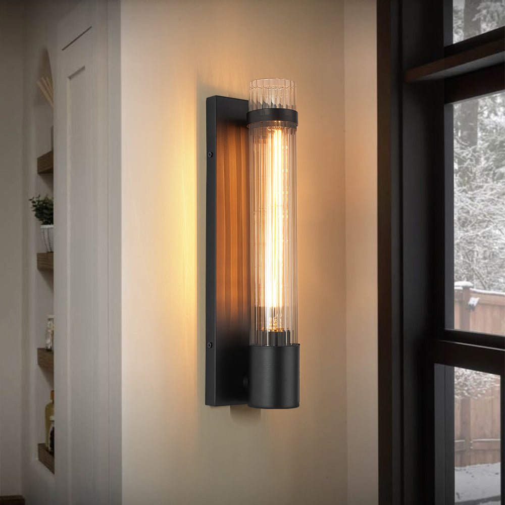 Industrial Black Reeded Glass Linear Tube Wall Light