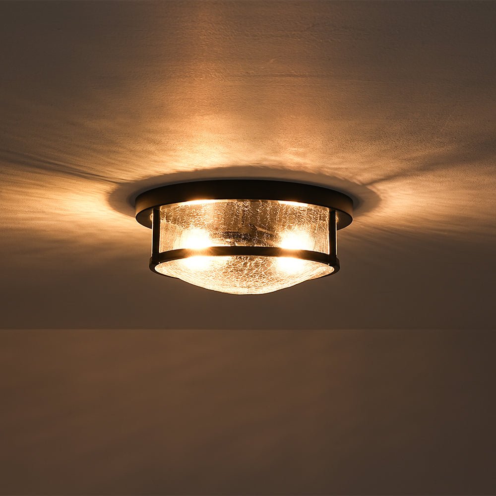 Industrial Black Round Crackled Glass Flush Mount Light