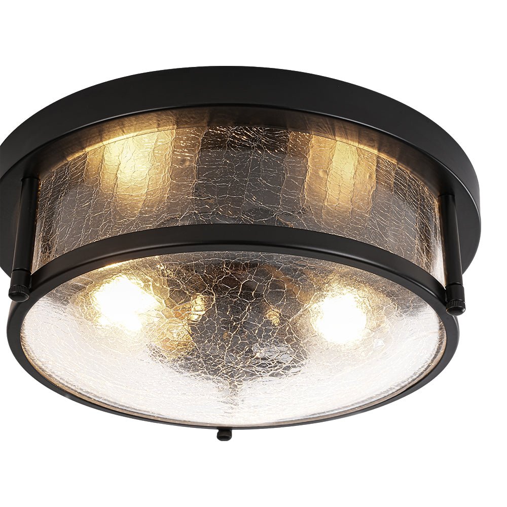 Industrial Black Round Crackled Glass Flush Mount Light