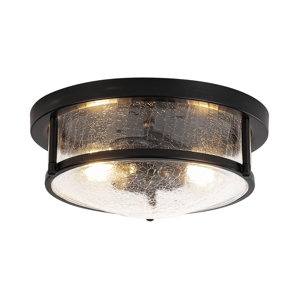 Industrial Black Round Crackled Glass Flush Mount Light