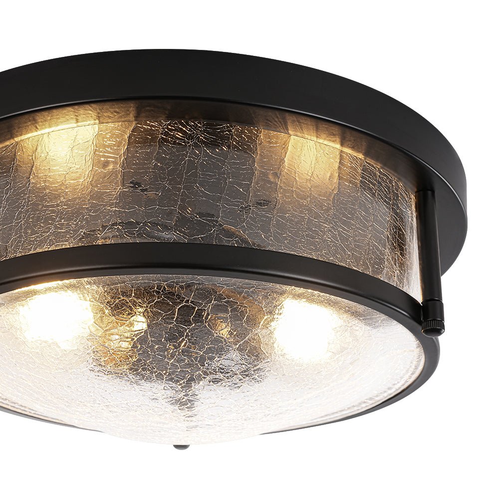 Industrial Black Round Crackled Glass Flush Mount Light
