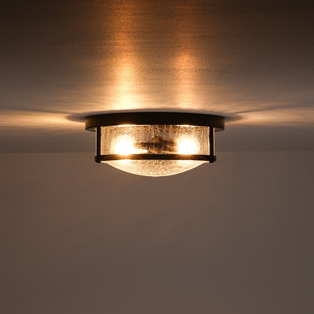 Industrial Black Round Crackled Glass Flush Mount Light