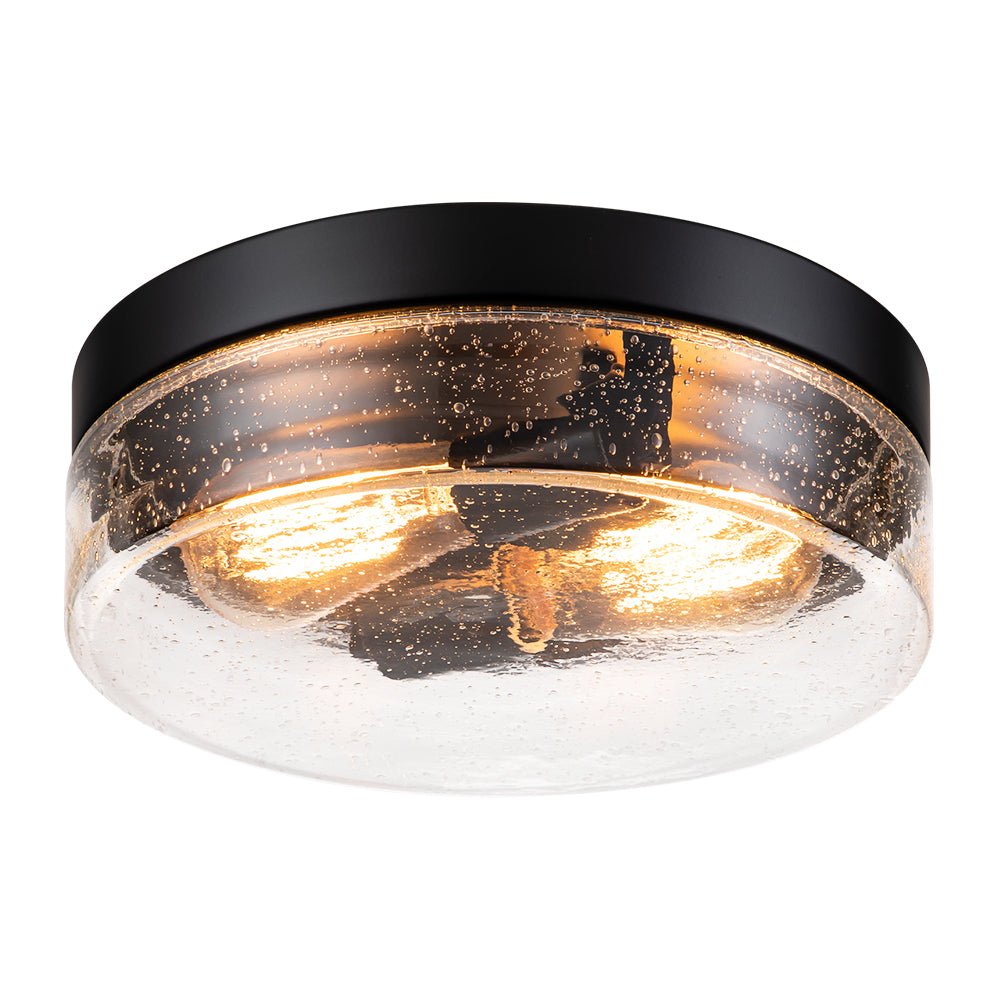 Industrial Black Round Seeded Glass Flush Mount Light