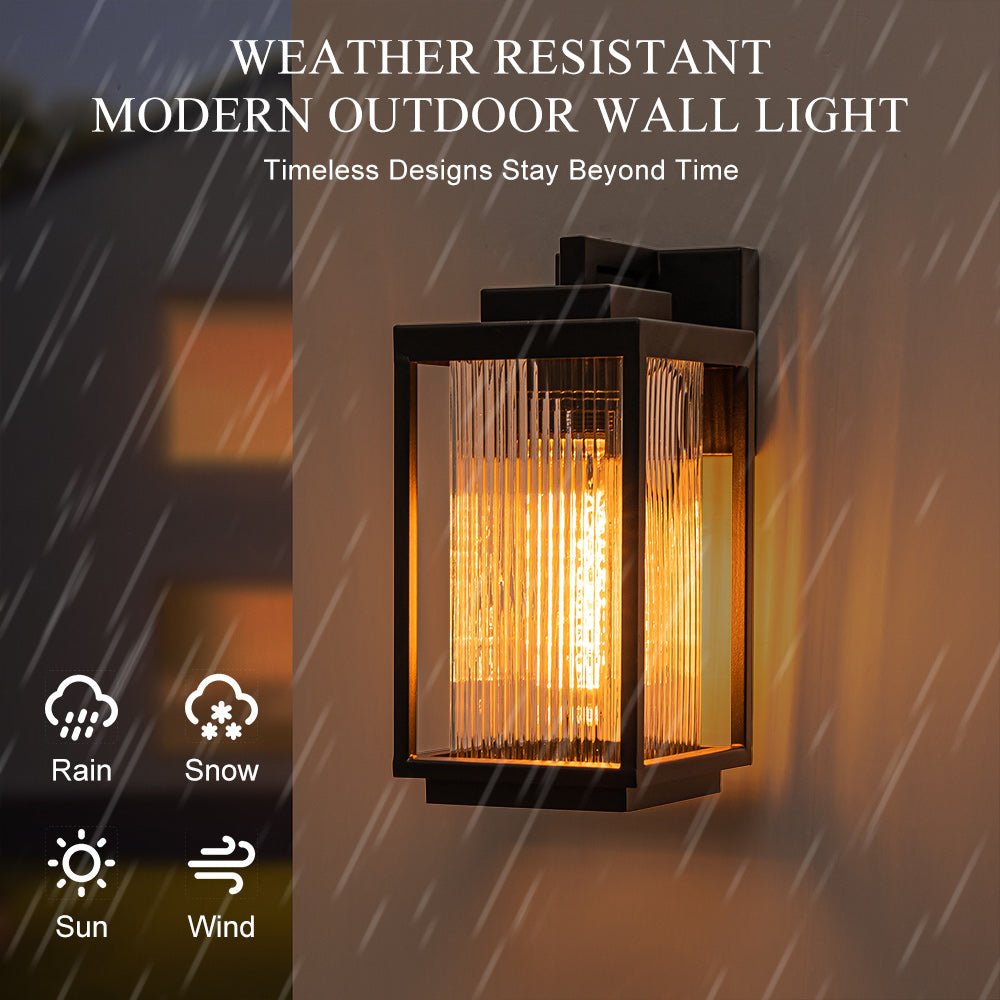 IP23 1-Light Black Ribbed Glass Outdoor Wall Lantern