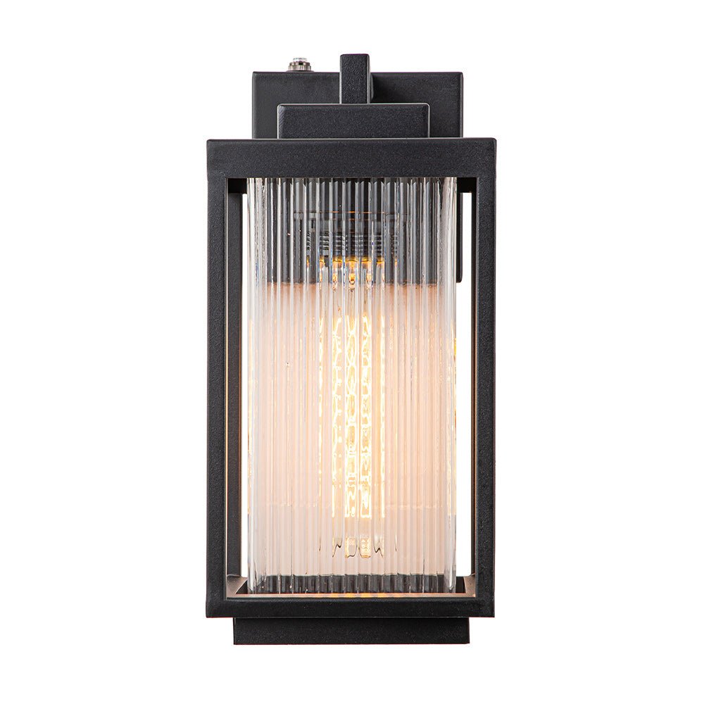 IP23 1-Light Black Ribbed Glass Outdoor Wall Lantern