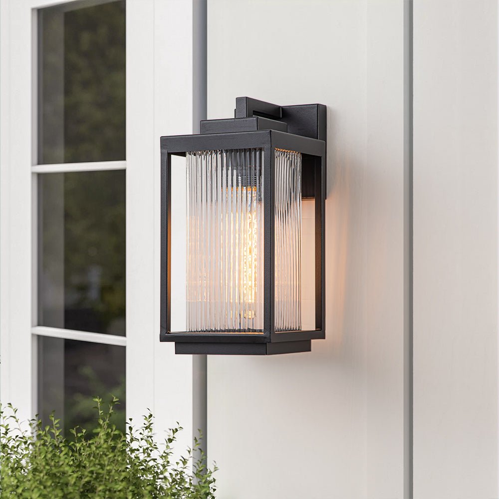 IP23 1-Light Black Ribbed Glass Outdoor Wall Lantern