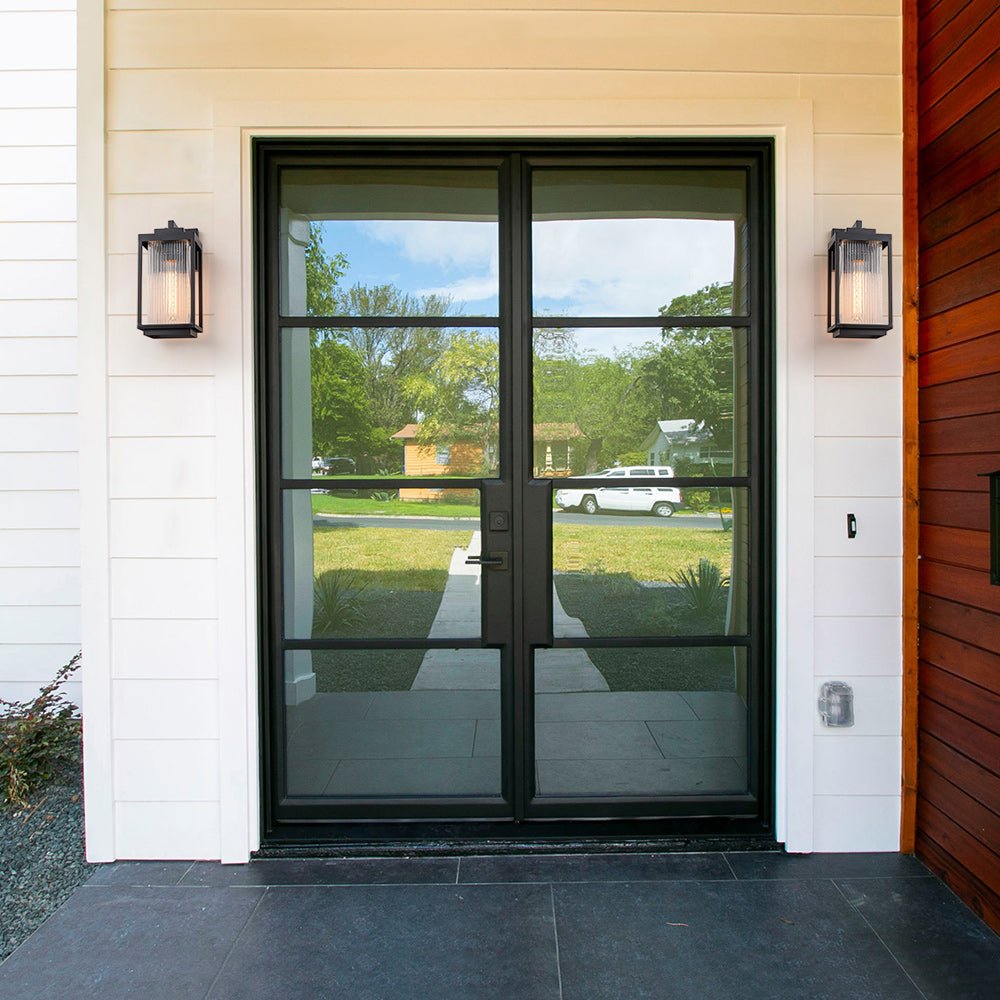 IP23 1-Light Black Ribbed Glass Outdoor Wall Lantern