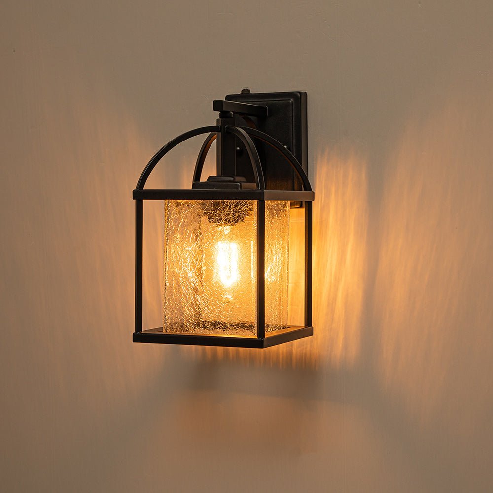 IP23 1-Light Black Textured Glass Outdoor Wall Lantern