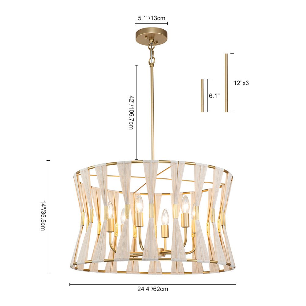 Ivory Woven Brass Open Drum Pendant Light