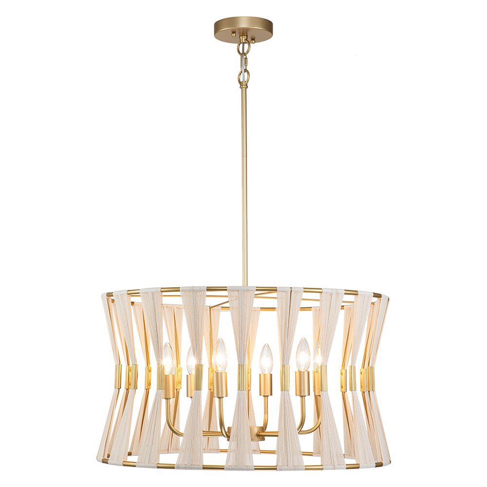 Ivory Woven Brass Open Drum Pendant Light