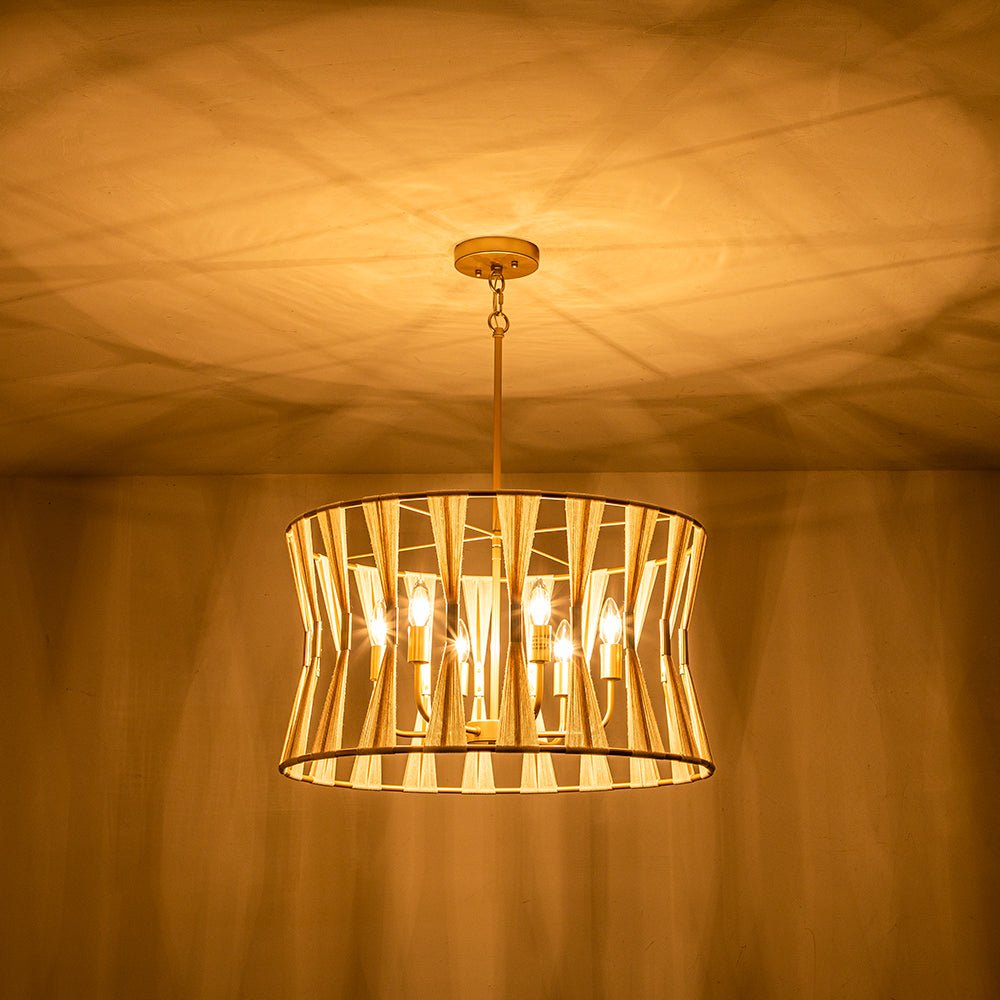 Ivory Woven Brass Open Drum Pendant Light